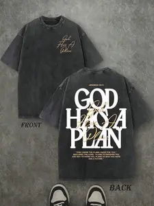 Retro Washed T-Shirt Double Sided Printed (230Pure Cotton T-Shirt) 'GOD HAS A PLAN' LetterPrint, Men's T-Shirt, Men's Casual, Comfortable,Fashionable T-Shirt, Street Style CottonDistressed Festive Christmas gift