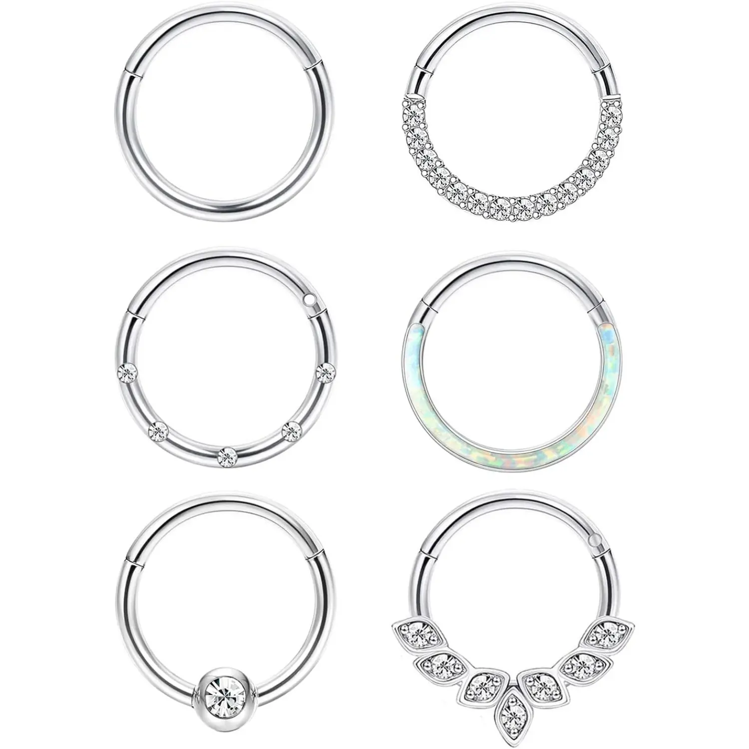 Milacolato 6Pcs 16G-18G Surgical Steel Unisex Body Jewelry - 1.2mm Geometric Click Closure Nose Hoops, Opal CZ Cartilage Hoop for Sensitive Skin Daily Wear, Tragus Daith Helix Rook Septum Lip Piercing, Christmas Graduation Gift