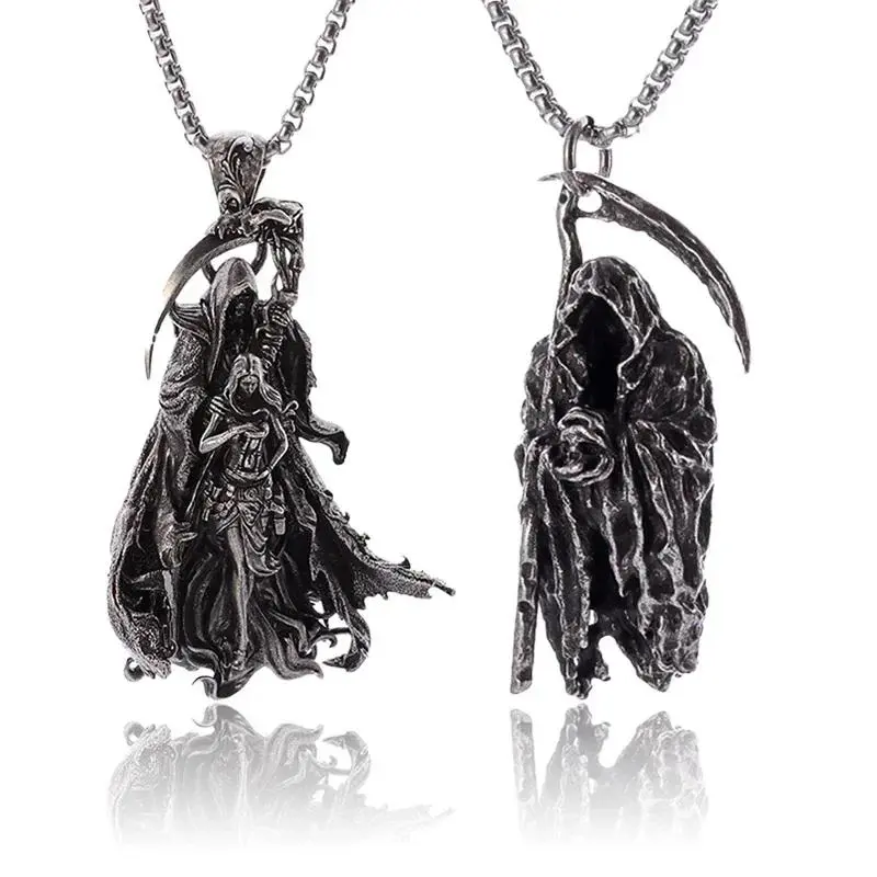 Gothic Devil Scythe Motif Necklace Pendant, Men's Punk Retro Personality Chains Necklace, Halloween Trend Accessory Jewelry, Accessory Necklace