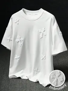 Unisex Streetwear Vintage Cross Embroidery Short Sleeve T-Shirt, Casual Graphic Tee,Trendy white high-street short-sleeved top, a TikTok viral street style top, suitable for streetwear, Y2K outfits,  couple's matching outfits