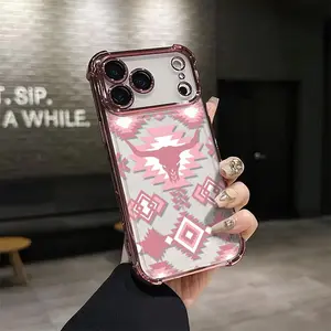 Western style pink checkered bull head totem Pattern Four-corner drop-proof TPU phone case for iPhone 17 Pro Max Air 16 15 14 Pro Max 13 12 11  Plus shockproof full camera protection durable slim silicone case mobile phone case