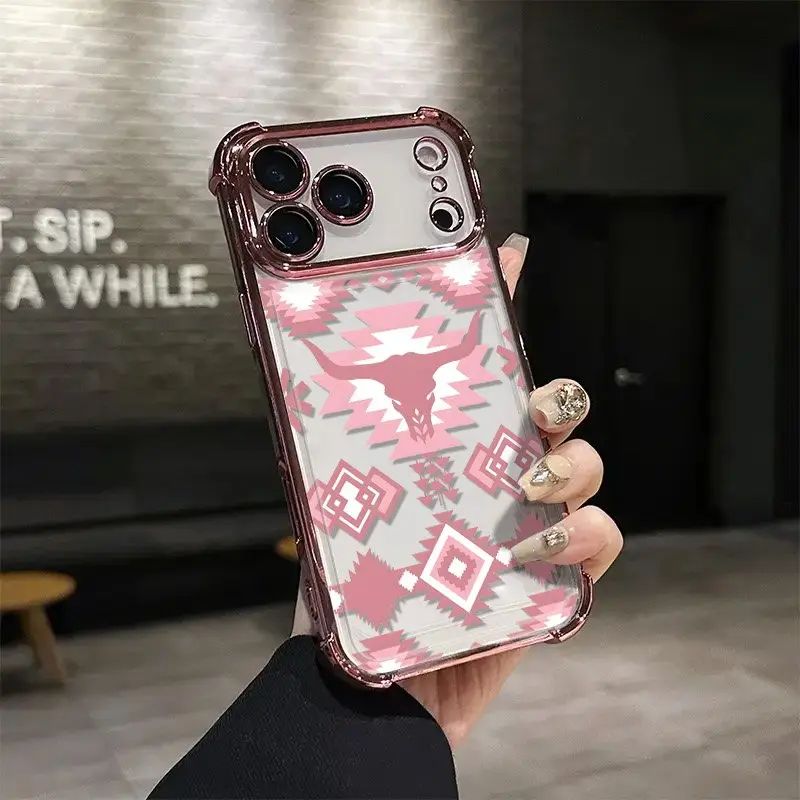 Luxury Western-Style Pink Checkered Bull Head Totem Customized Silicone TPU Cellphone Casing, Crystal Protector Accessory, 4-Corner Drop-Proof, Shockproof, Full Camera Protection, Durable Slim Fit for iPhone 17 Pro Max,16,15,14 Pro Max,13,12,11 Plus