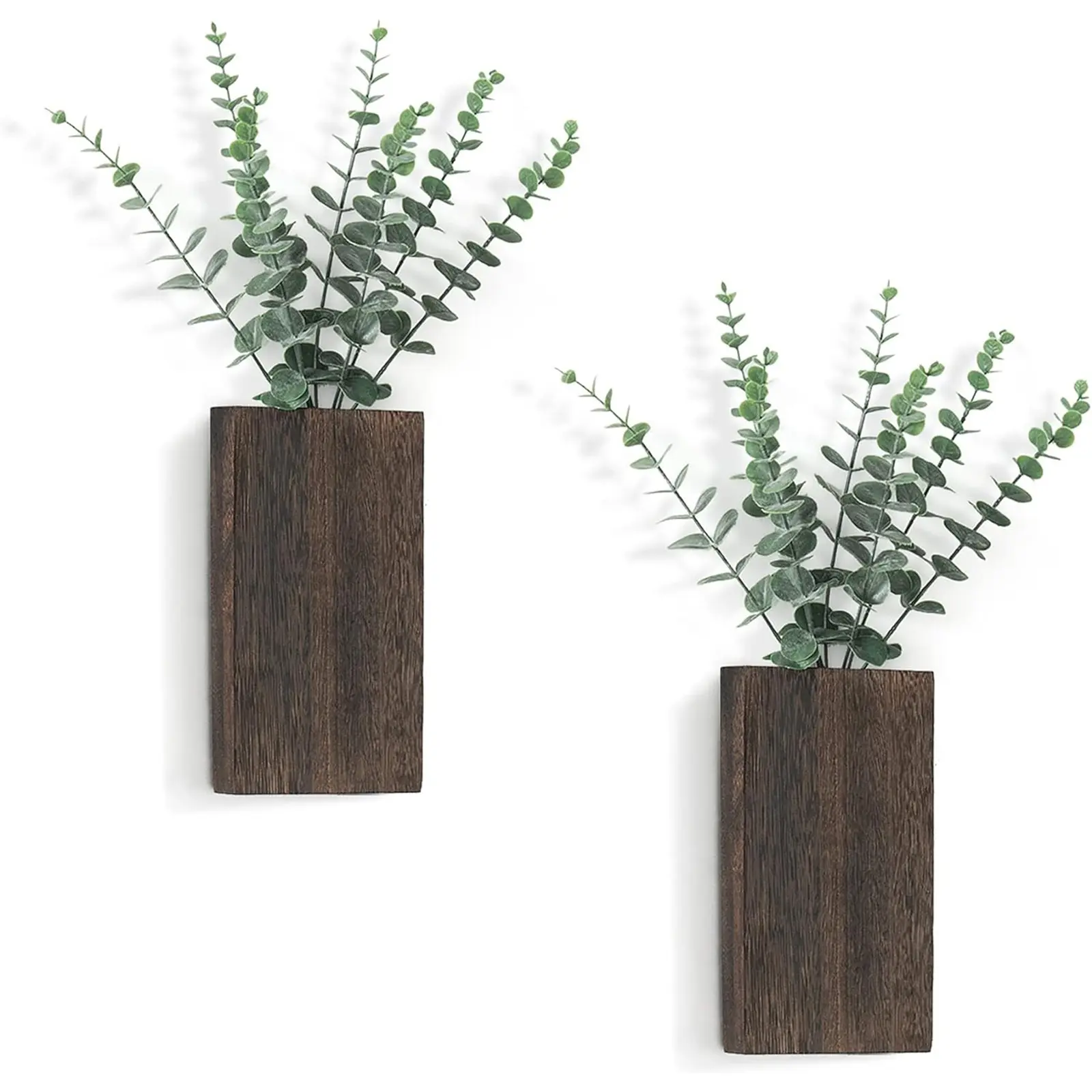 2 Pack Wooden Wall Planters with Artificial Eucalyptus Pocket Decoration, Rustic Wooden Planter, Rectangular Planter, Rectangle Planter, Wood Planter Box, Perfect for Indoor Faux Plants in Living Room Kitchen Office