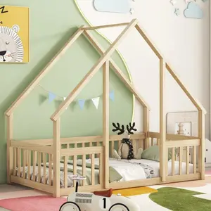 [Bellemave]Twin/Full Wood House-Shaped Floor Bed with Fence, Guardrails