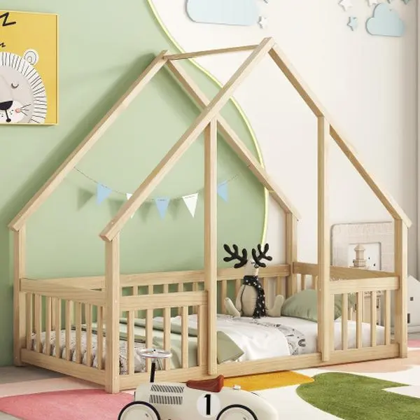 [Bellemave]Twin/Full Wood House-Shaped Floor Bed with Fence, Guardrails