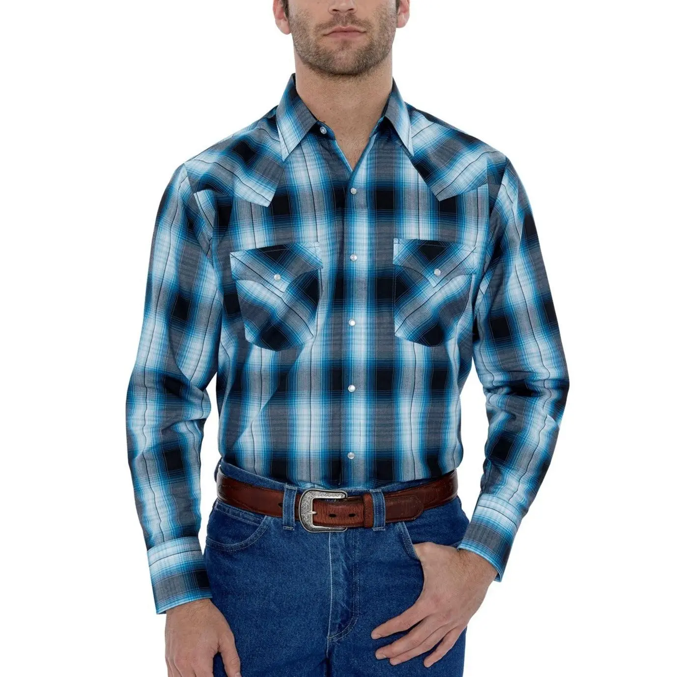 Men's Ely Cattleman Long-Sleeve Checked Western Snap Shirt, Polyester Fabric, With Pocket, Top