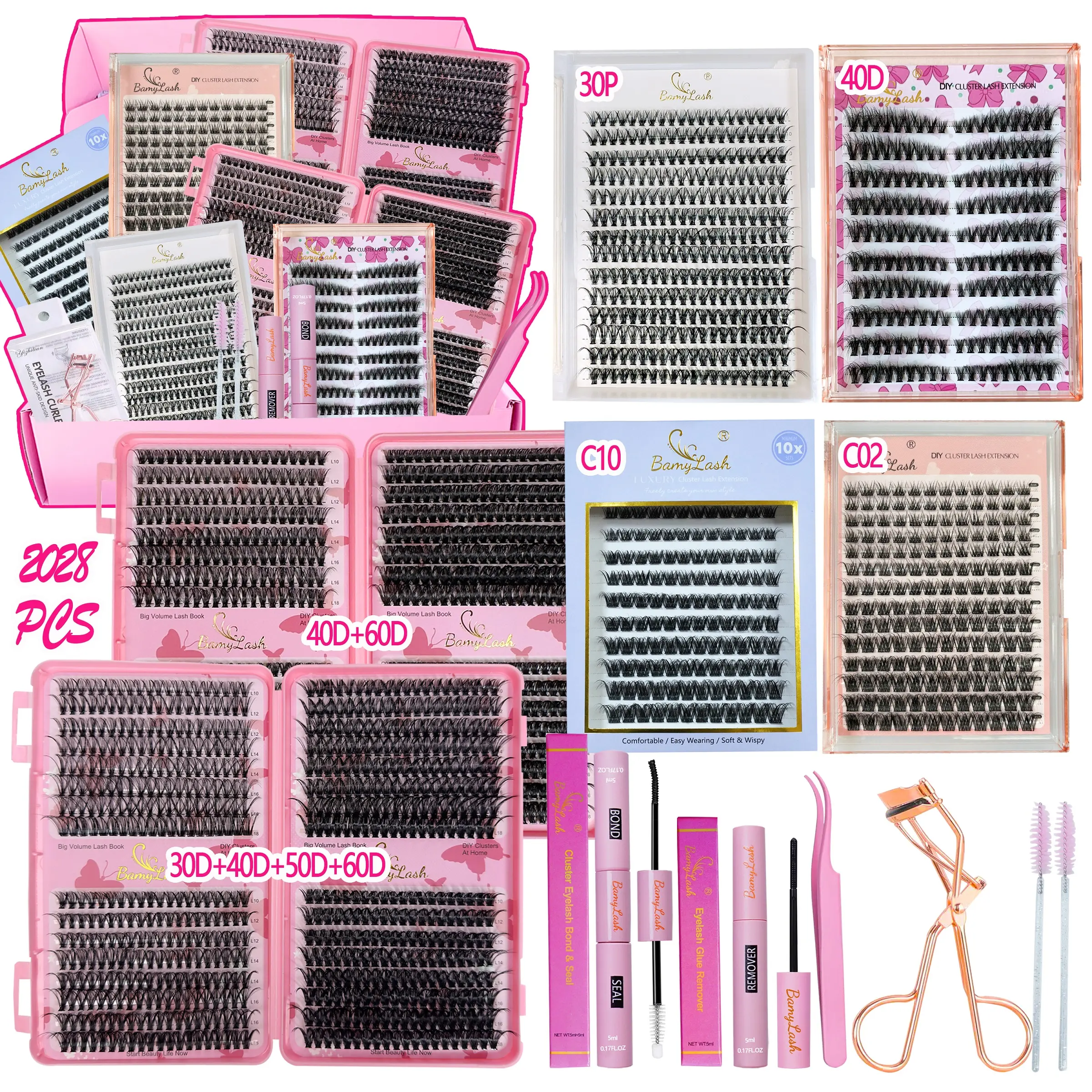 Big Capacity Natural Volume Cluster Lash Set 3D Wispy, Fluffy Eyelash Clusters, Fluffy Thick Volume False, Synthetic Eyelashes with Bond Seal Remover Applicator lash brushes, D Curl Mixed Length & Style, DIY Lash Extension Kit, Gift for Friend