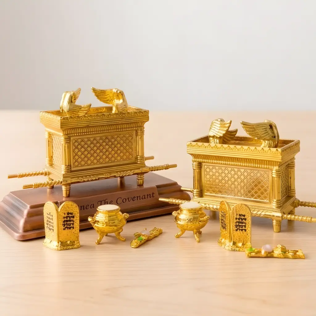 Traditional Religious Decoration Glam 3-Piece Boxed Collectible Figures Statues - Metal Ark of the Covenant Set with Base, Desktop Display, Hanukkah Home Decor, 3 Free Gifts (Aaron's Staff, Manna Bowl, 10 Commandments Tablet)