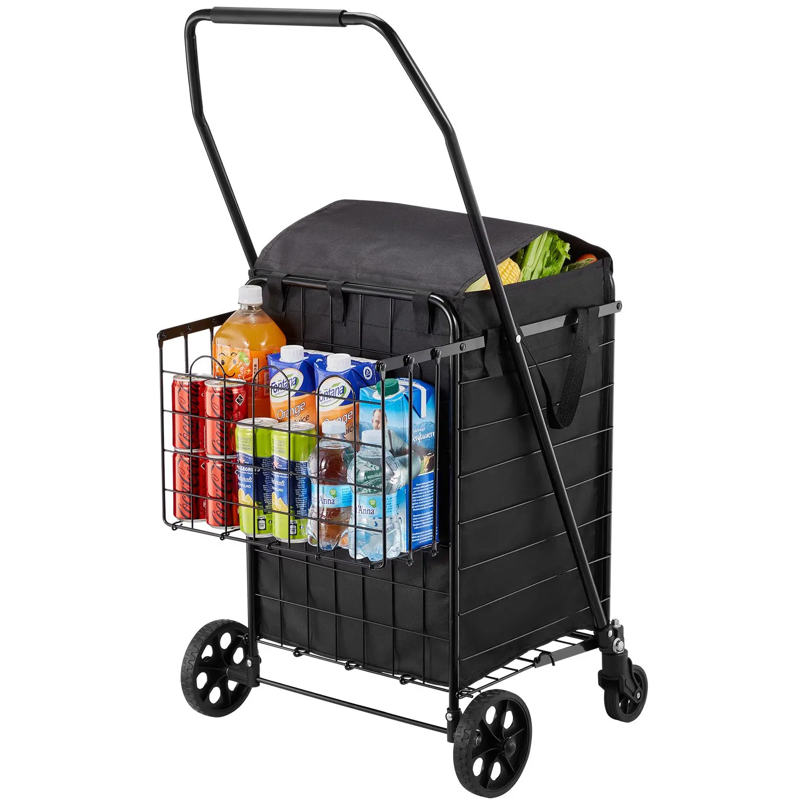 【summerfinds】VEVOR Shopping Cart, Folding Grocery Utility Cart with Dual Baskets, Waterproof Liner & Wheels, 100 LBS Large Load Capacity, Heavy Duty Laundry Basket for Laundry, Shopping, Camping, Grocery, Luggage, Collapsible Grocery Cart