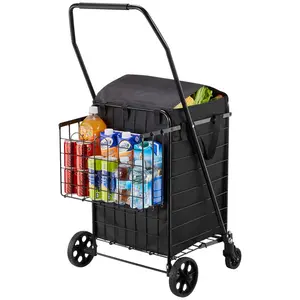 VEVOR Shopping Cart, Summervibes,Summervibes, Folding Grocery Utility Cart with Dual Baskets, Waterproof Liner & Wheels, 100 LBS Large Load Capacity, Heavy Duty Laundry Basket for Laundry, Shopping, Camping, Grocery, Luggage
