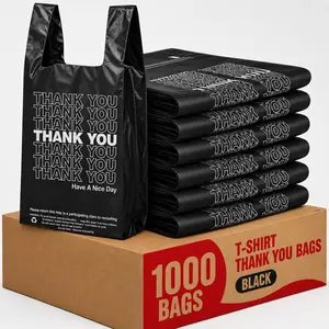 TP HTown 1000 Count Heavy Duty Black Thank You T-Shirt Bags 11.5x6.5x22 In, Strong Disposable Carry Bags for Grocery, Retail, Takeout, and Food Service Use