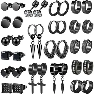 Earrings for Men - 18 Pairs, Black   & Stainless Steel Stud, Cross, Dangle, Hoop Earrings Set - Fashion Piercing