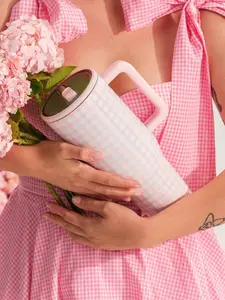 Pink Gingham Traveler 40 oz Tumbler Pretty in Pink Checkered Leak-Proof Stainless Steel Insulated Water Bottle for Dates School Travel Outdoor Adventures and Sports