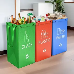 Reusable Recycling Bags with Handles, Waterproof Foldable Trash Can 3-Pack, Heavy Duty Waste Sorting Storage Organizer for Outdoor BBQ Party, Camper, Laundry Room