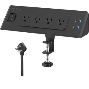 Desk Clamp Power Strip with USB C, Desk  Station with 4 Outlets 4 USB Ports, Desktop Mounted Power Strip Surge Protector, 6.5ft Flat Plug Extension Cord, Fit 1.9 inch Tabletop Edge, Black