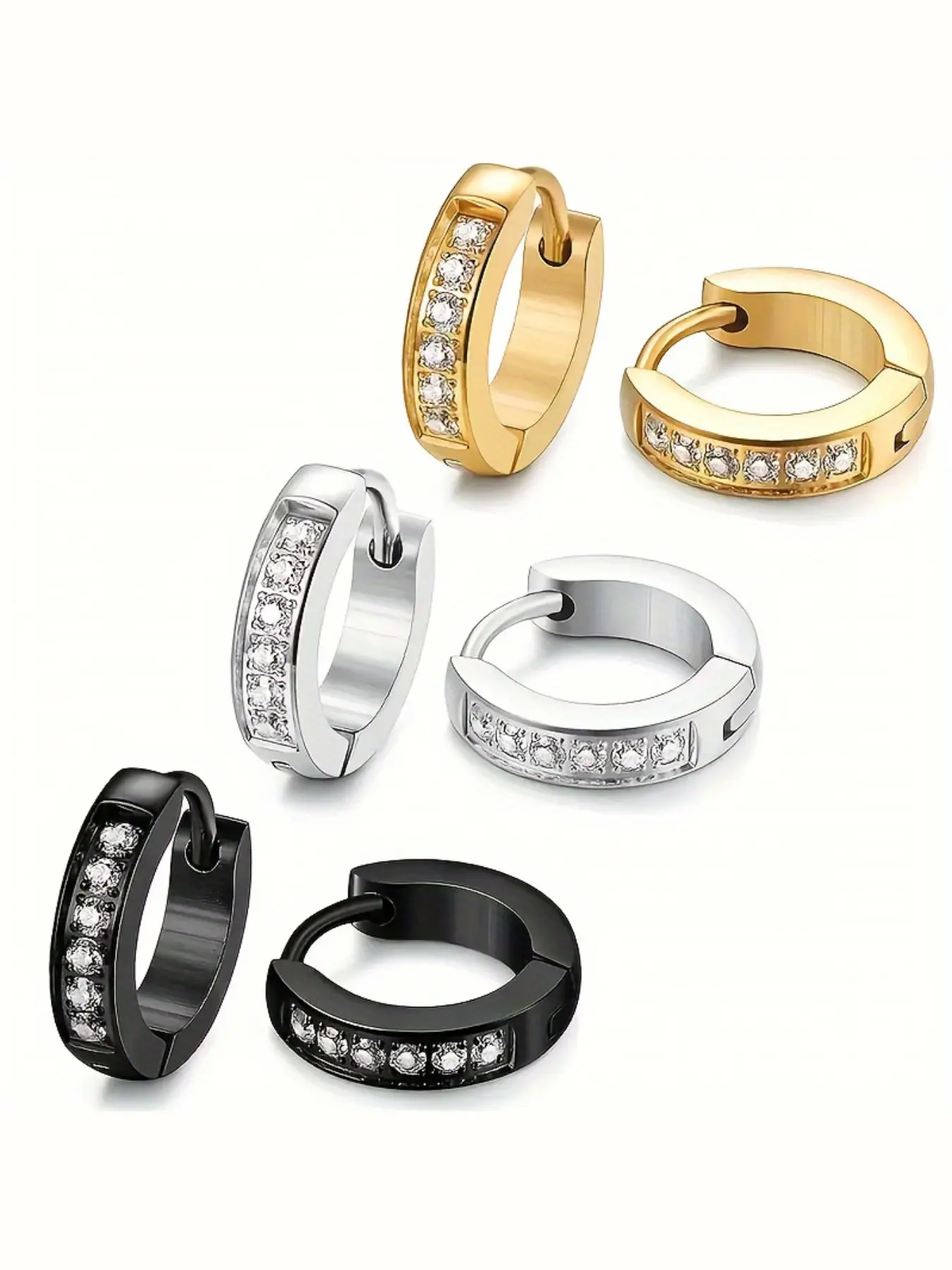 6 Piece Hip Hop Punk Stainless Steel Unisex Cubic Zirconia Hoop Earrings, Fashion Jewelry Set for Men and Women, Punk Style Earrings, Hoop Earring Sets