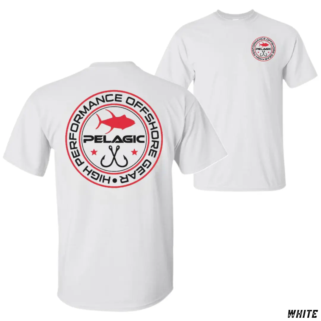 Pelagic "High Performance Offshore Gear" T-Shirt, Classic Fishing Logo Graphic Tee, Soft Cotton Blend Shirt, Marine Angler Apparel for Men, Deep Sea Fishing Gift
