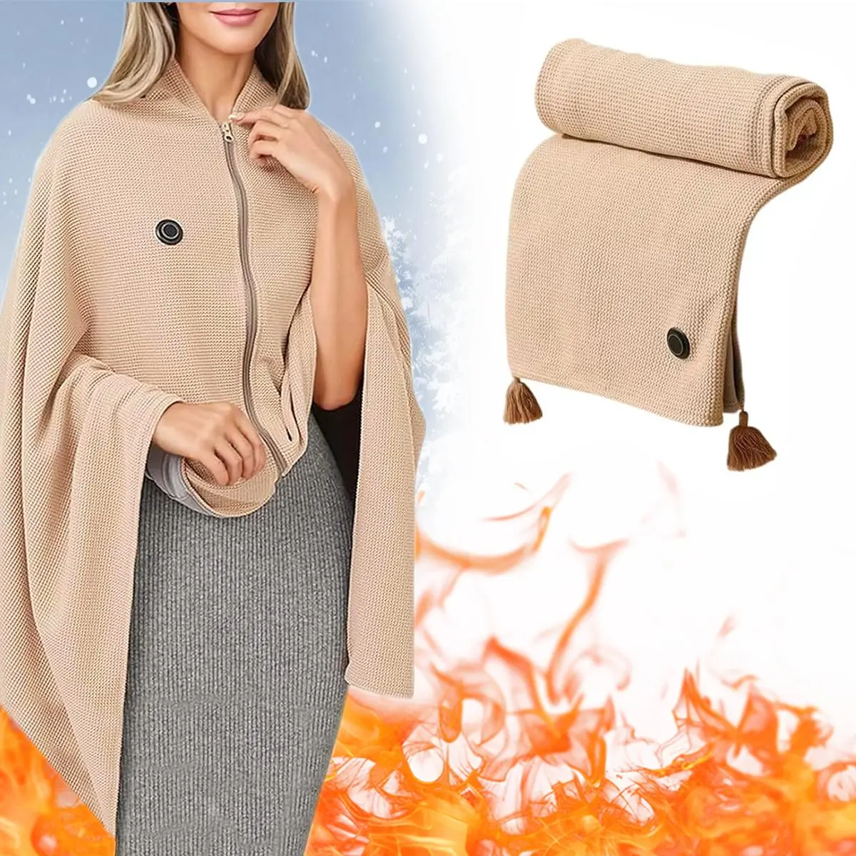 Portable USB Heated Blanket Shawl 59 x 33.5 Outdoor Wearable Wireless Electric Blanket with 3 Heating Levels Fast Heating for Indoor Outdoor Use Home Office Travel(Power bank not included)