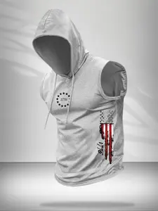 Men's Casual Hooded Vest, Loose-fitting Summer Knitted Tank, Moderate Thickness Letter Pattern, Easy Cold and Machine Wash