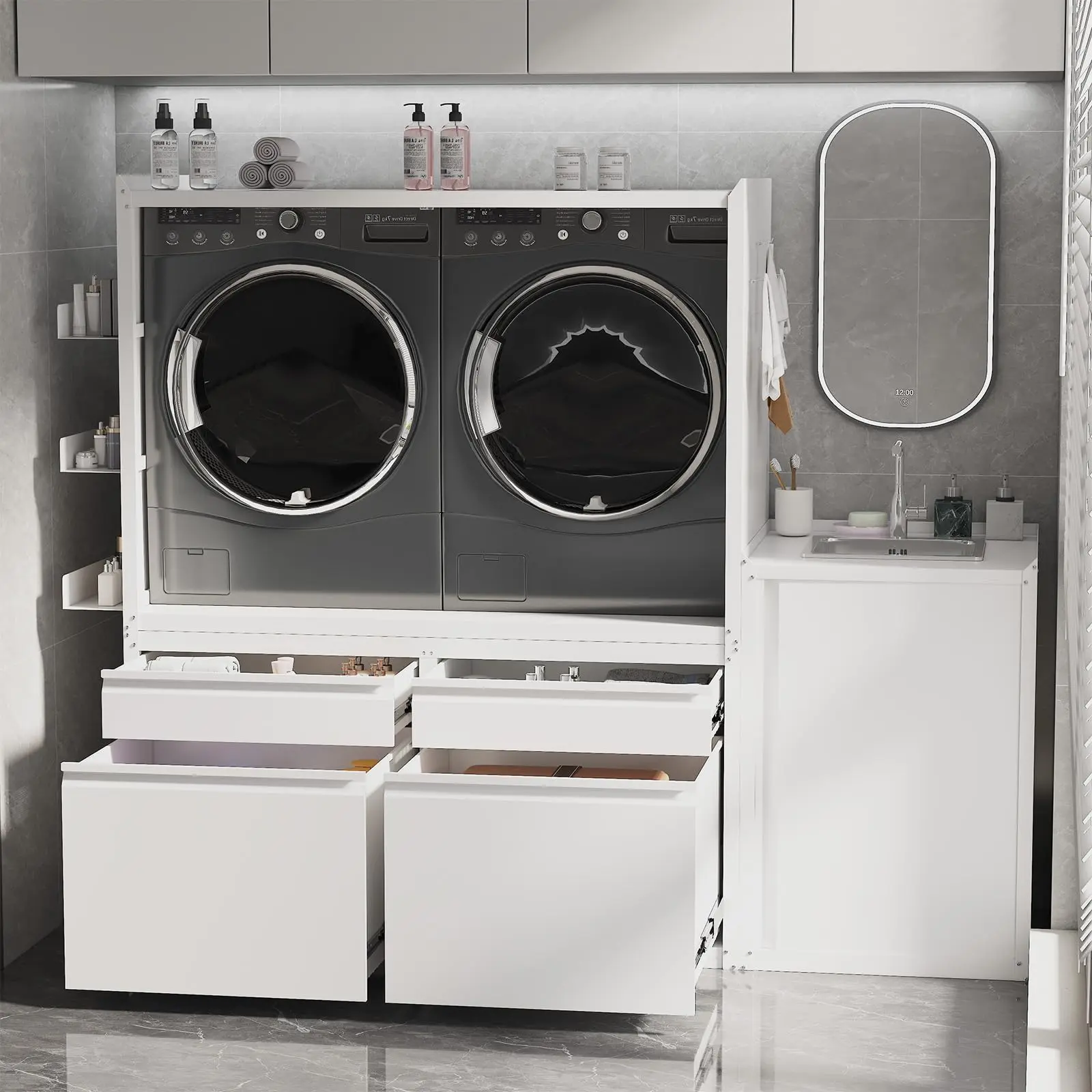 Laundry Pedestal with Sink Cabinet for 2 Washer and Dryer 1300LBS Heavy Duty Universal Fit Anti-Vibration Washing Machine Stand Base Raiser with Drawers Hooks Hanger Panel Storage Cabinets