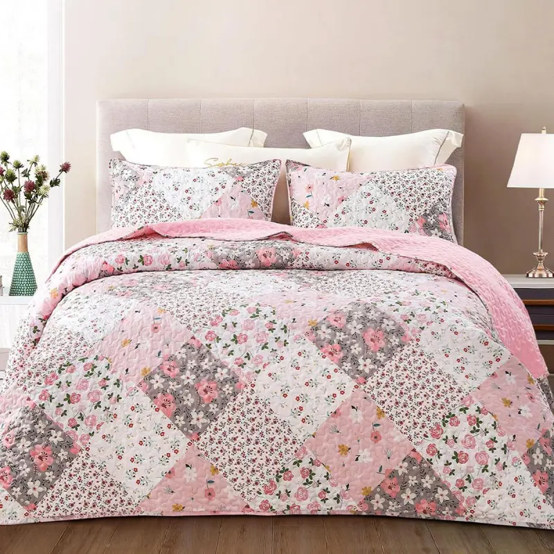 Patchwork Quilt Sets - Reversible Microfiber Bedding Set, Cotton Durable Flat Weave Bedspread Coverlet, Lightweight Boho Printed, Machine Washable All-Season Textiles, Twin(68''x88'') with 1 Sham, Queen with 2 Shams, King-Compatible, Housewarming Gift