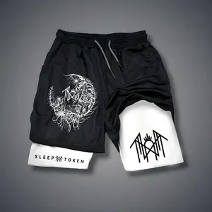 Sleep Token Unisex Compression Training Shorts Slim Fit Summer Outfit Graphic Double-Layer Sports Shorts Elastic Waistband Quick-Drying Breathable Tropical