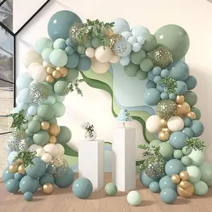 170Pcs Dusty Blue Green Balloon Garland Arch Kit, Haze Fog Blue Ash Mist Sage Green Sand White Gold Confetti Balloons for Baby Shower Wedding Bridal Boho Birthday Party Backdrop Decorations Tool