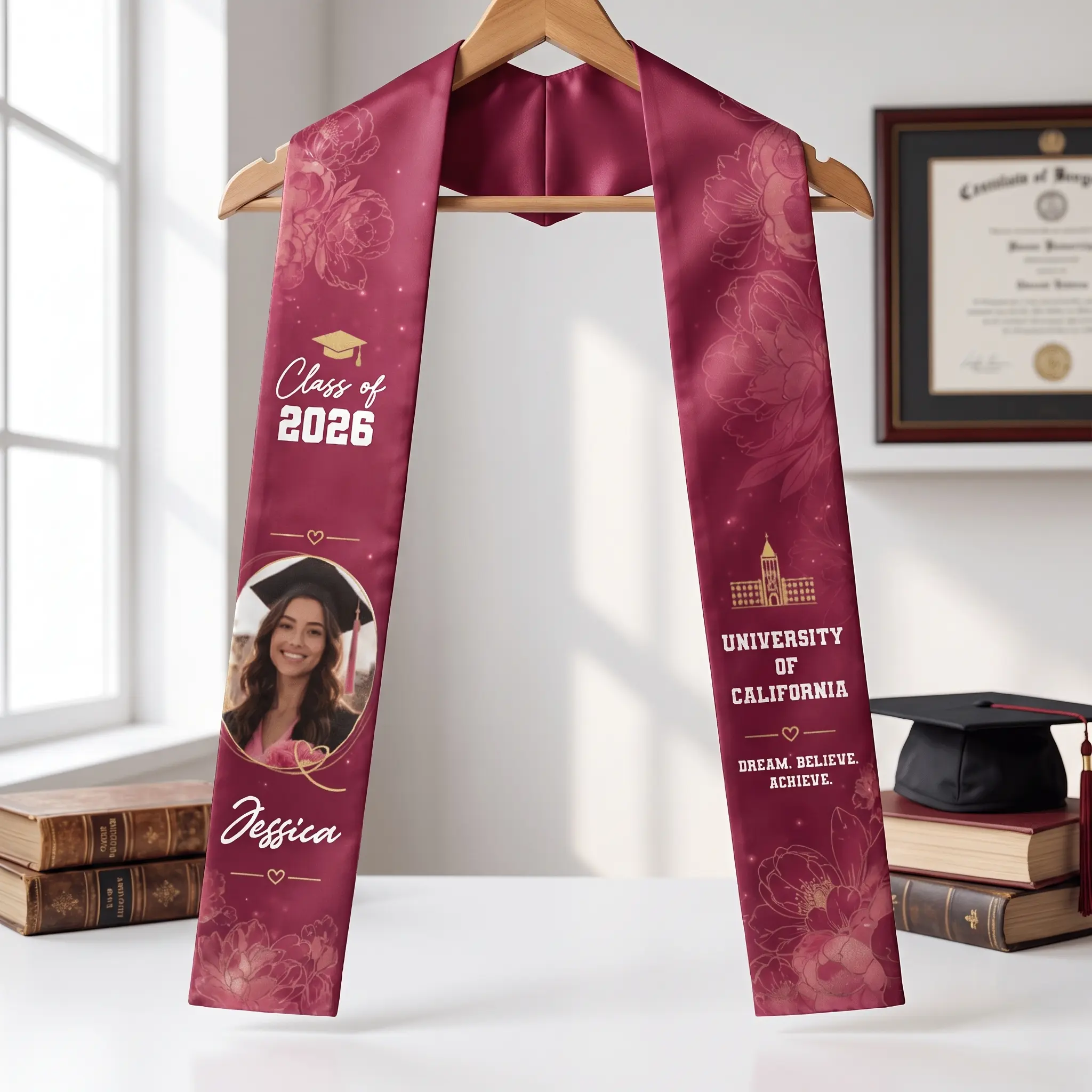 Personalized Floral Graduation Stole – Custom Photo, Name and Year