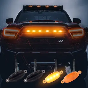LED Front Grill Light with Wiring Harness, Amber & Smoked Lens, 4 Counts/set Car Grid Decorative LED Light, Light Bar Car, Car Accessories, Compatible with Ford F150 Raptor 2004-2019 & Dodge RAM 1500 2013-2018