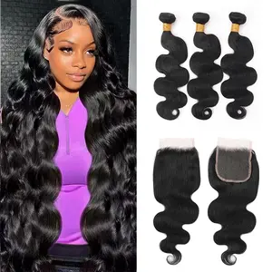 1sthumanhair 4*4 Lace Closure,Body Wave Bundles with Closure 10A Unprocessed Brazilian Virgin Hair Bundles with 3 Bundles and Closure (150% Density Free Part)