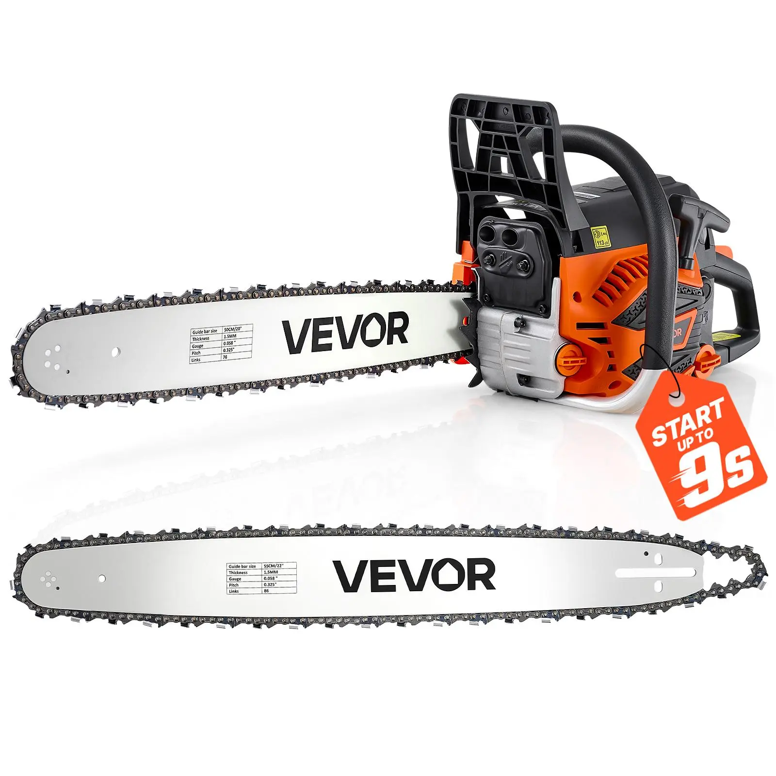 【toolupgrade】VEVOR Gasoline Chainsaw, Tool Upgrade Powerful 62CC 3.8HP 2-Stroke Engine, 20/22 in Bar, Emergency Brake, Included Chain, Throttle-Sync Choke, Non-Slip Handle, Dual Tanks for Wood Cutting & Tree Trimming, Powerful Chainsaw