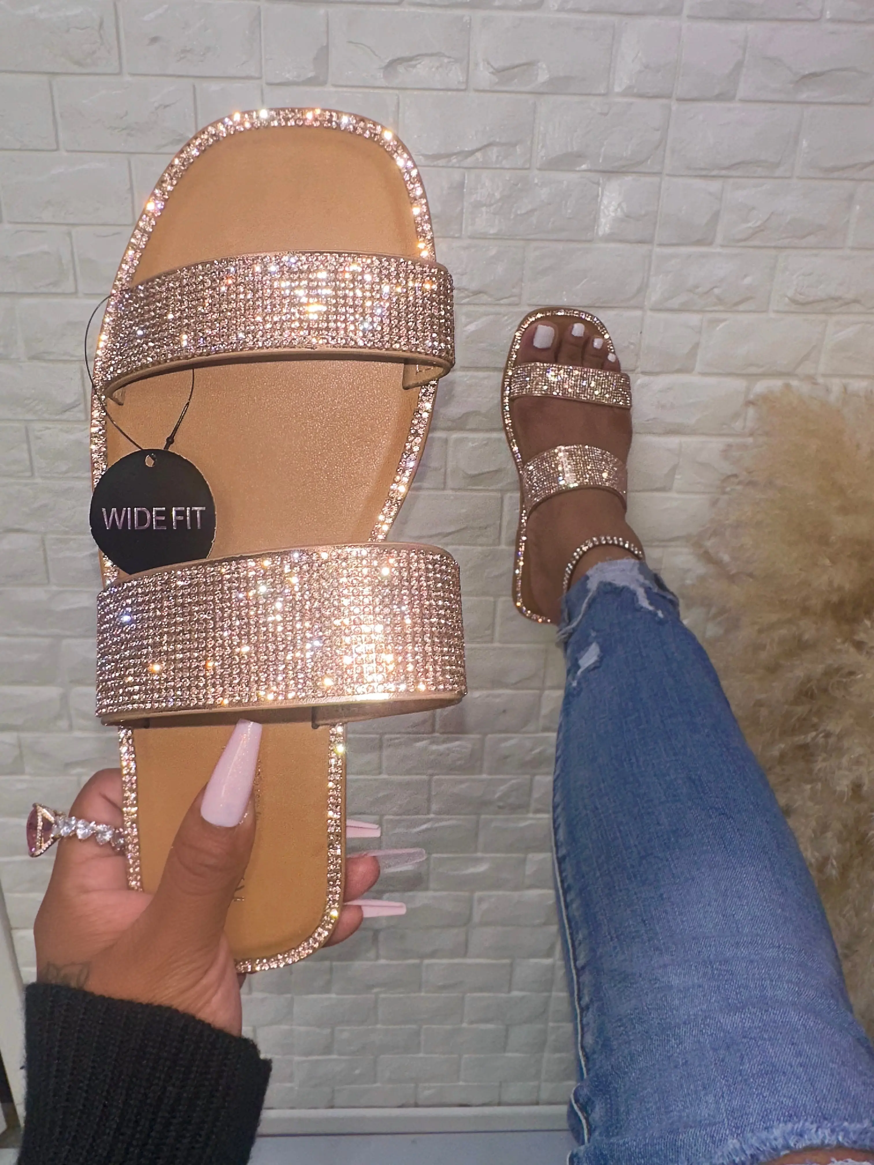 Women's Wide Width Livi Double Strap Sandals - 5 Colors, Bedazzled Sparkly, True to Size, Casual Vibrant Slip-On, Dressy Look Summer Party Footwear