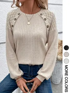 Women's Contrast Floral Lace Button Decor Ribbed Tee, Casual Drop Shoulder Long Sleeve Round Neck T-shirt for Spring & Fall, Fashion Women's Knitwear Tops for Daily Wear
