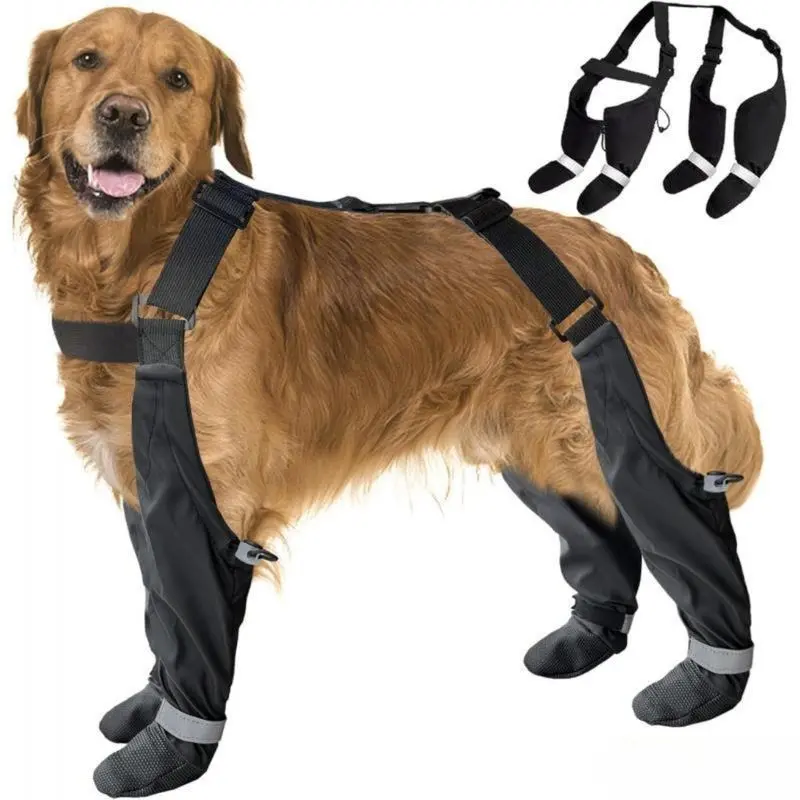 Waterproof Harness Dog Boots, Reflective Paw Protectors with Non-Slip Rubber Soles for Hiking & Protecting Injured Paws, Outside, Unisex, Adjustable, Paw Protection