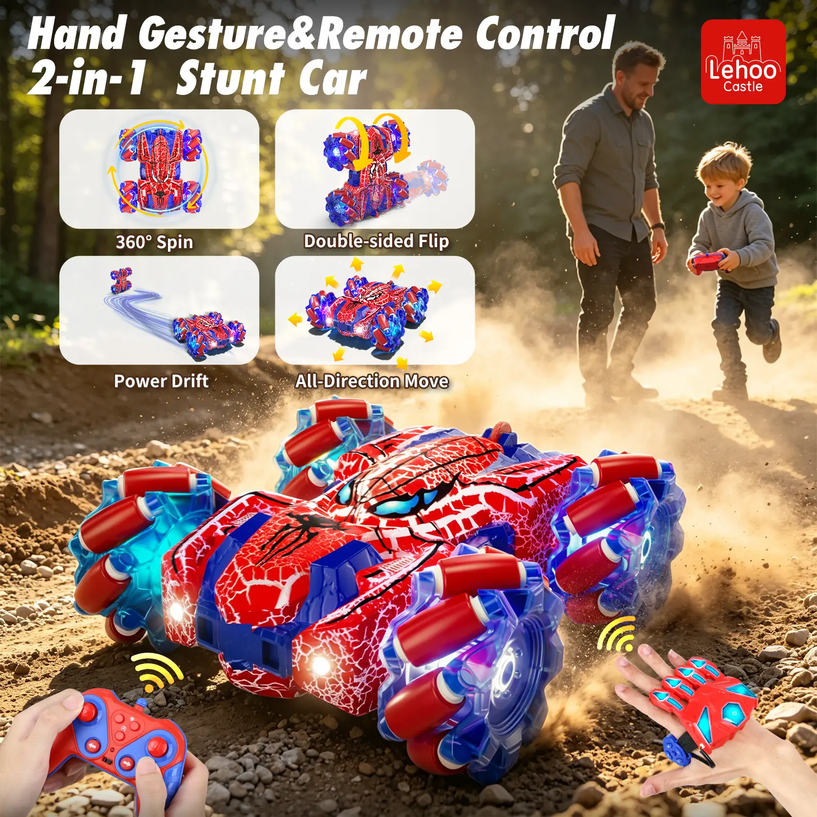 Cyberpunk Spider RC Stunt Car with Lightning Fissure Lights, Gesture & Hand Controlled All Terrain Remote Control Car, 4WD Double Sided Driving, Safe ABS 360° Drift Vehicle, USB-C Charging, Parent-Child Interactive Birthday Gift for Boys Kids Ages 4-12
