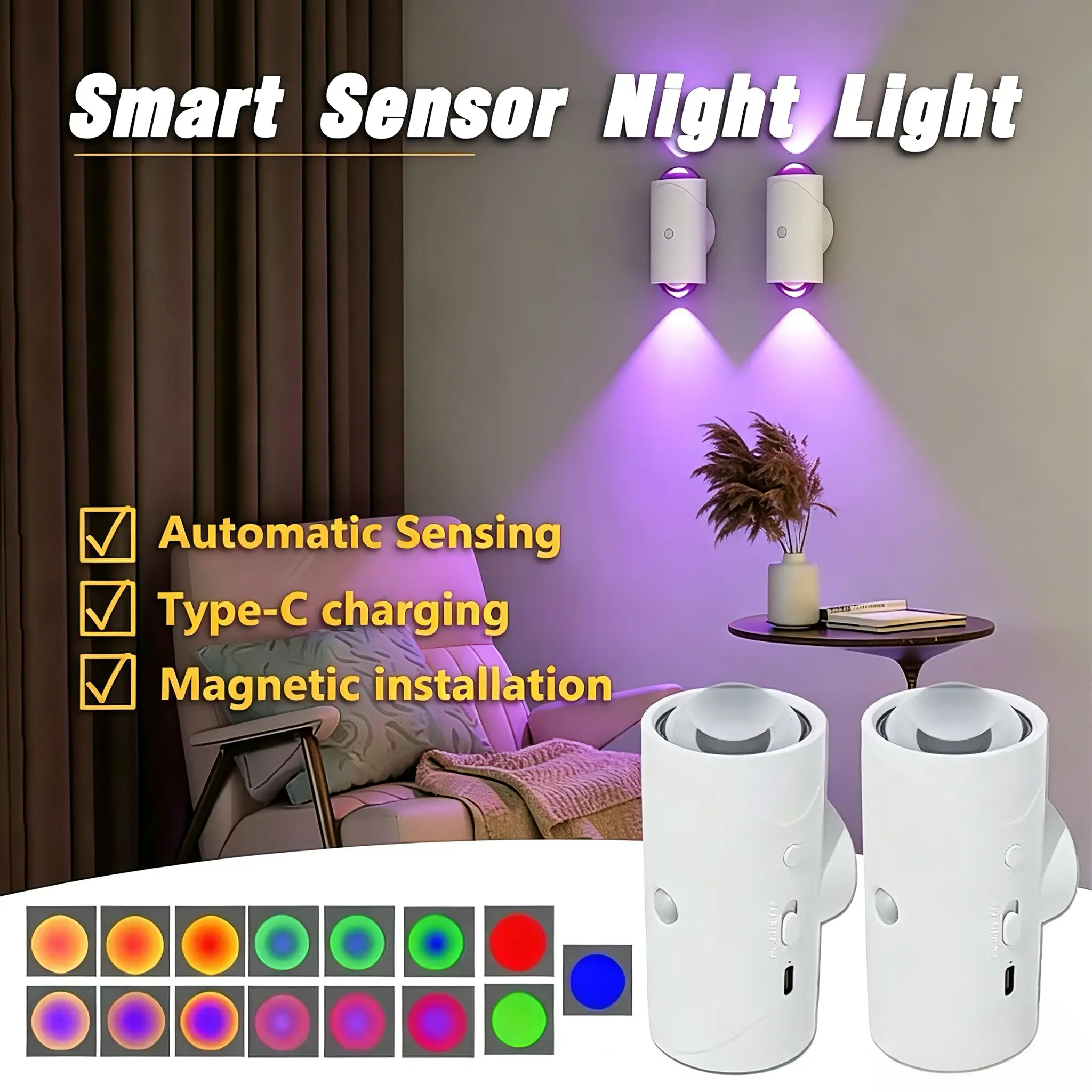 Rechargeable Magnetic LED Motion Sensor Decorative Lights - Type-C Charging RGB Gradient Dimmable Nightlight, Adjustable Angle Stick-On, Long Standby Auto On/Off Colorful Home Lighting for Christmas Entryway, Bedroom