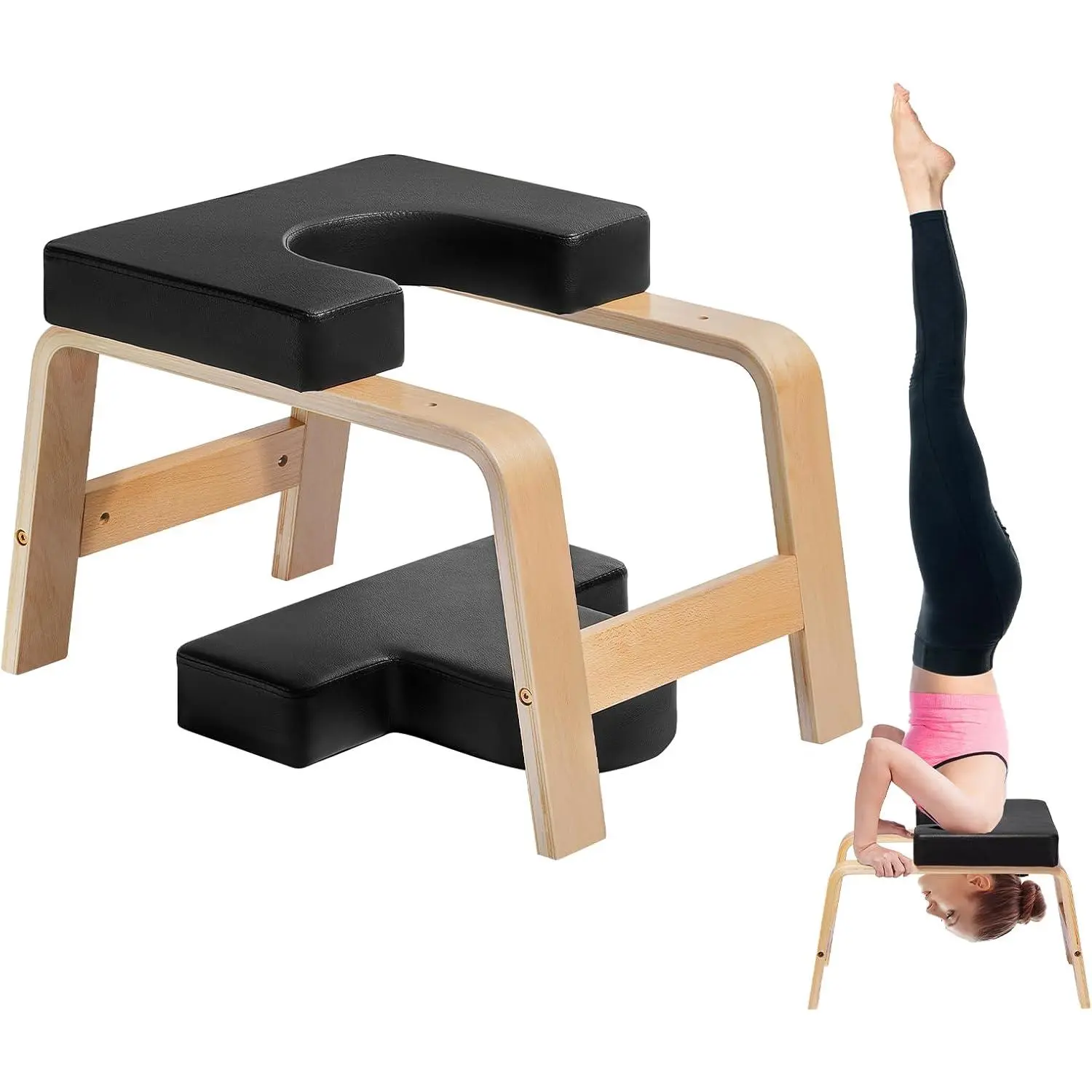 VEVOR Birch Wood Grain Yoga Headstand Bench, 300lb Capacity Inversion Chair with Cushioned 2.55" Cushion, PU Pad, Anti-Scratching Footpads & Yoga Blocks for Home Gym Strength-Balance Training, Floor Protection