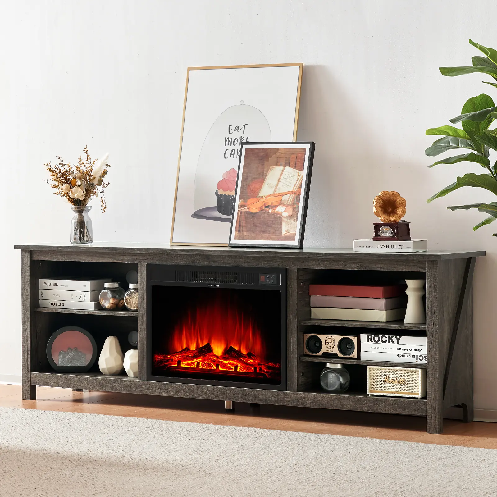 AMERLIFE Fireplace TV Stand, Wood Texture Entertainment Center with 23" Electric Fireplace, Rustic Grey,Best Gift Ideas/Christmas Gifts, Tv Shelf, Tv Console Table