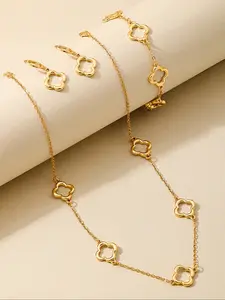 4 Piece Fashion Simple Versatile Metal Hollow Four Leaf Clover Necklace Bracelet Earrings, Trendy Jewelry Set, Perfect Gift for Parties Daily Wear
