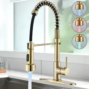 Modern Kitchen Faucet With Spring LED Pull Down Sprayer, 360° Rotation, Hot & Cold Water Mixer Sink Tap For Home & Balcony, Single Handle One Hole Commercial Kitchen Sink Faucet With Deck Plate, High Arc
