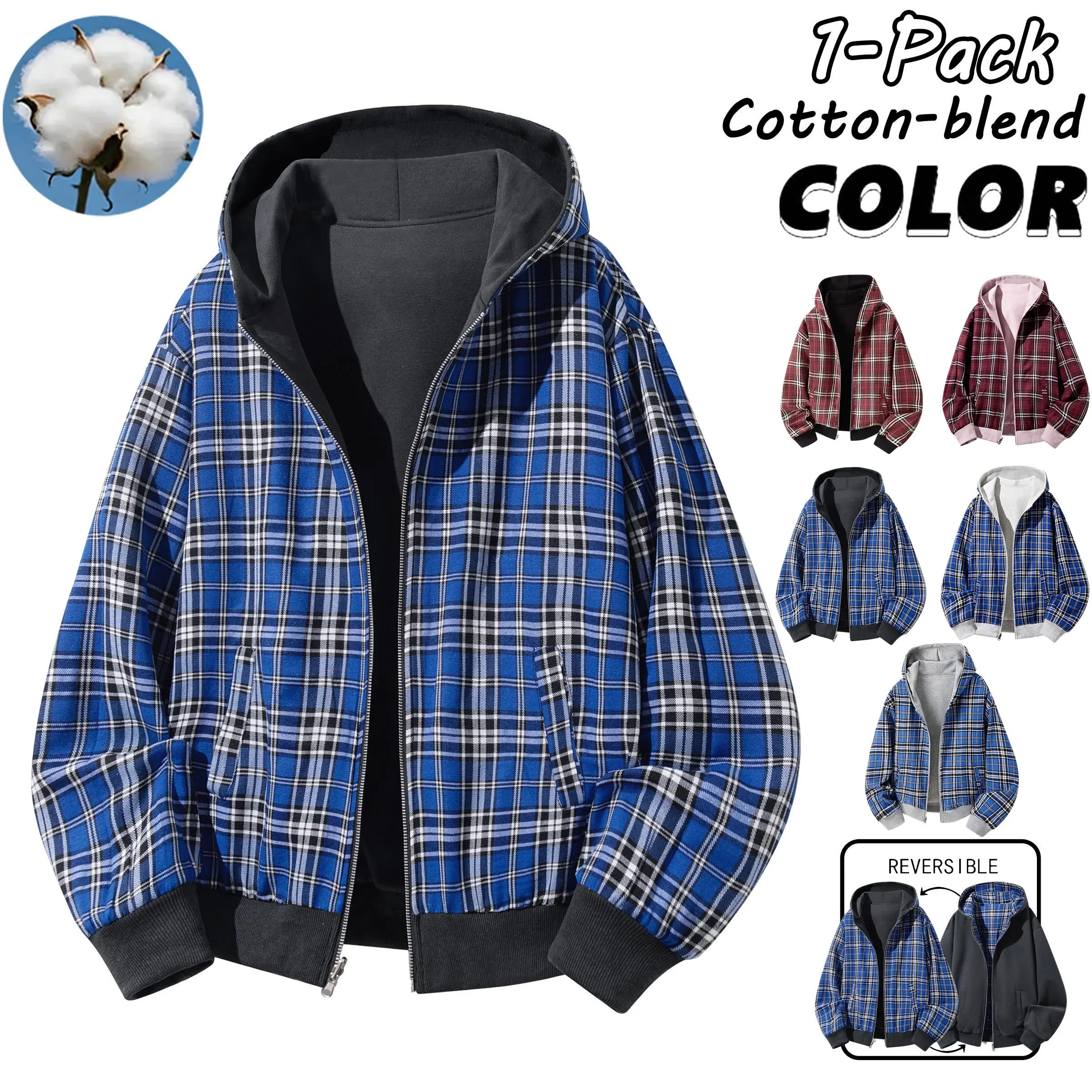 Men's Cotton-Blend Hooded Sweatshirt - Menswear Tops, Reversible Plaid, Casual Loose-Fit Couple's Outerwear for Spring & Autumn, Suitable for Street Style & Everyday Outings