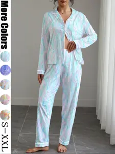Women's Long Sleeve Sleepwear Set, Glowing Print, Elegant Casual, Comfortable Lapel Top & Wide Leg Pants, All Seasons