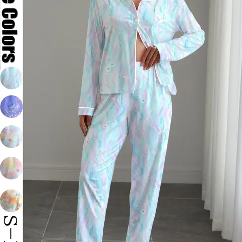 Women's Long Sleeve Sleepwear Set, Pajama Loungewear, Glowing Print, Elegant Casual, Comfortable Lapel Top & Wide Leg Pants, All Seasons