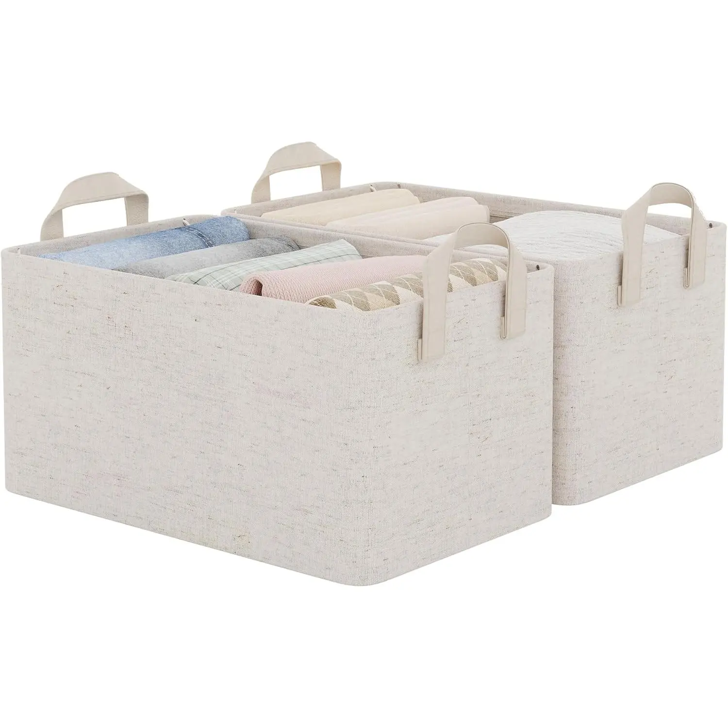 Storage Bins, Shelves Baskets for Organizing, Fabric Closet Organizers with Handles, Metal Frame, Beige-Cotton-linen, 2-Pack