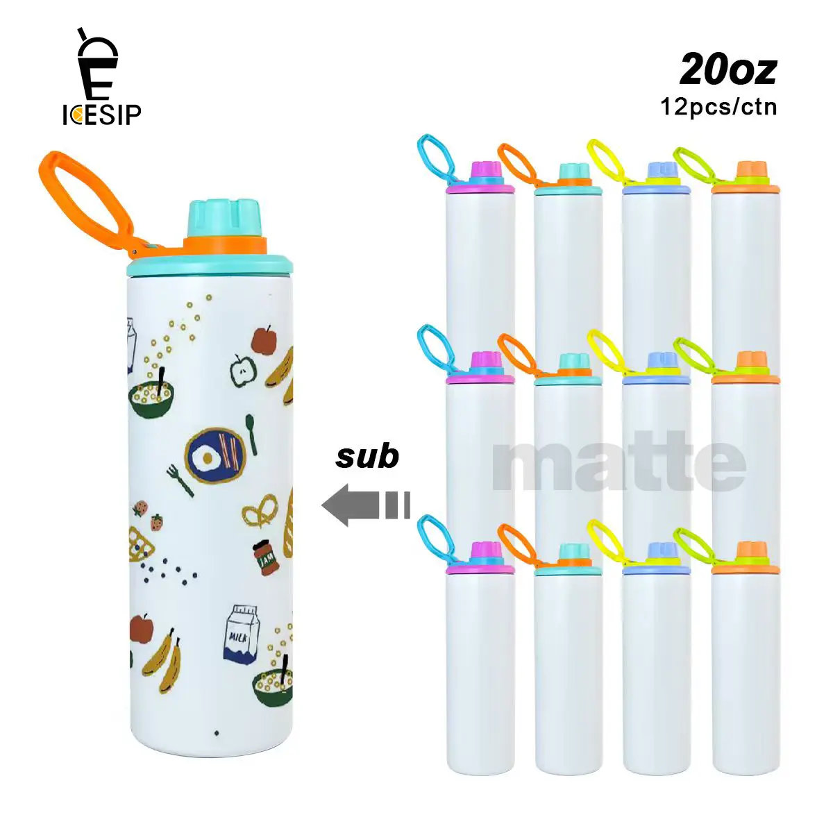 Icesip 12pcs/ctn 20 OZ Sublimation matte Stainless Steel Insulated Tumbler with Rubber Bottom, Shrink-Wrapped, High-Temp Tape for Business,event DIY Gifts