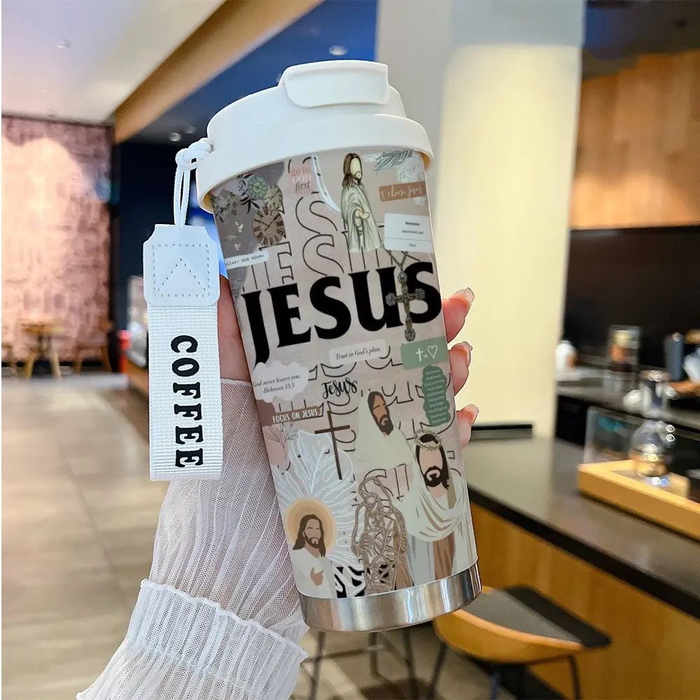 Religious Cross Coffee Cup, 530ML Insulated Travel Mug with Straw and Lid, Leak-Proof Handle, Suitable for Hot/cold Drinks