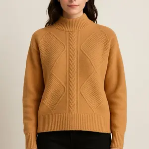 100% Wool Cozy Textured Sweater | Quiet Luxe Cable Knit | Soft Warm Mock Neck | Camel | Size S Knitwear Womenswear Tops