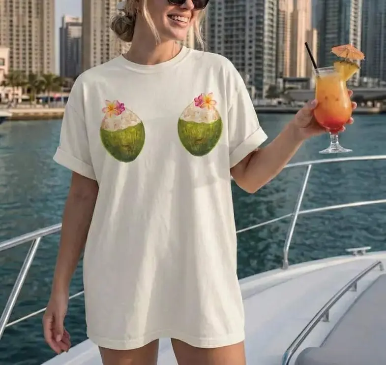 Graphic Tee Women Coconut Shirt, Cottagecore Fruits Tee, Flowers And Coconut In Chest Shirts, Spring Fruit T-Shirt, Funny Summer Outfits For Her
