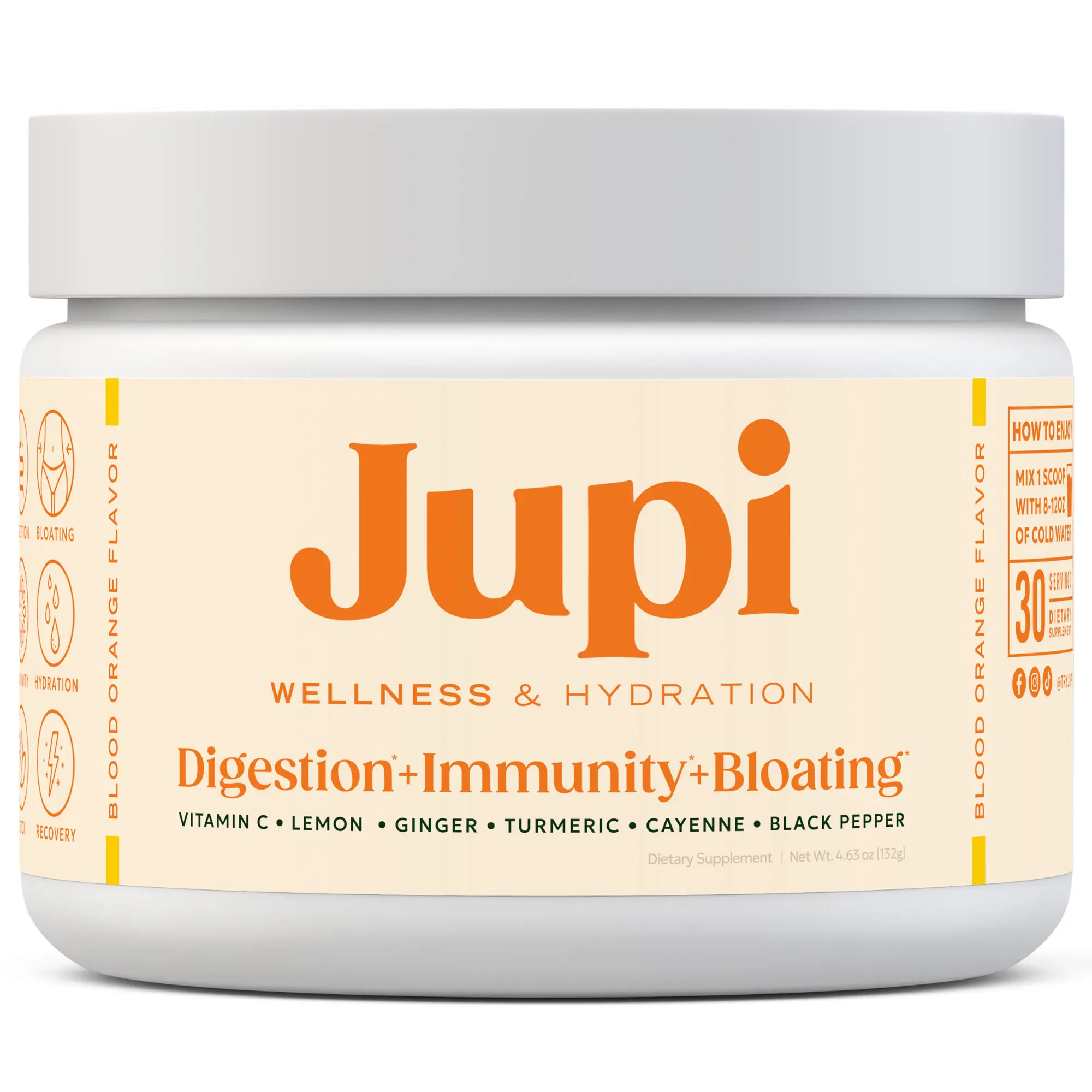 Jupi Wellness and Hydration Drink | Turmeric and Ginger Supplement with Vitamin C for Vitality & Energy | Blood Orange Flavor |