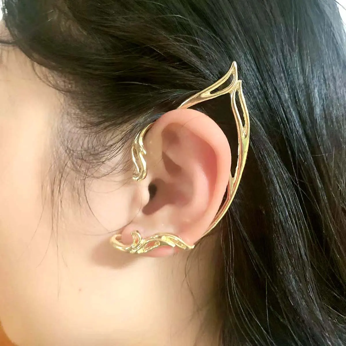 Adjustable Clip-On Elf Ear Cuff Set, Minimalist Fantasy Cosplay Jewelry with Artificial Gemstone for Women, Clip On Earrings, Ear Clip Type
